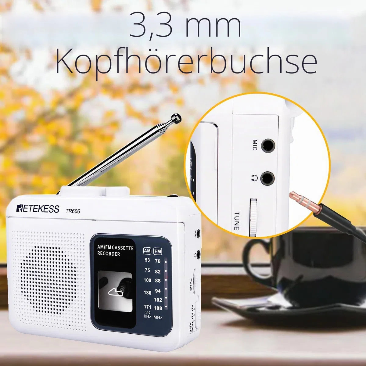Retekess TR606 Tragbare Kassettenspieler,Tape Recorder,Kleines FM AM Radio,3,5 mm Kopfhöreranschluss,Schneller Vor- und Rücklauf,Alte Kassetten abspielen(Weiß)