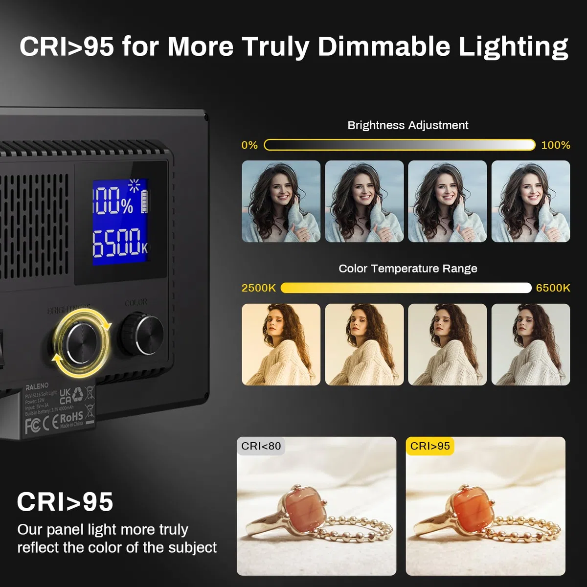 RALENO 116 LED Kamera Video Licht, 12W 600Lux Videoleuchte mit Mini-Stativ und Eingebauter 4000mAh Akku CRI95+ 2500-6500K, USB Videolicht für YouTube TikTok Zoom Fotografie Konferenzen Live-Streaming