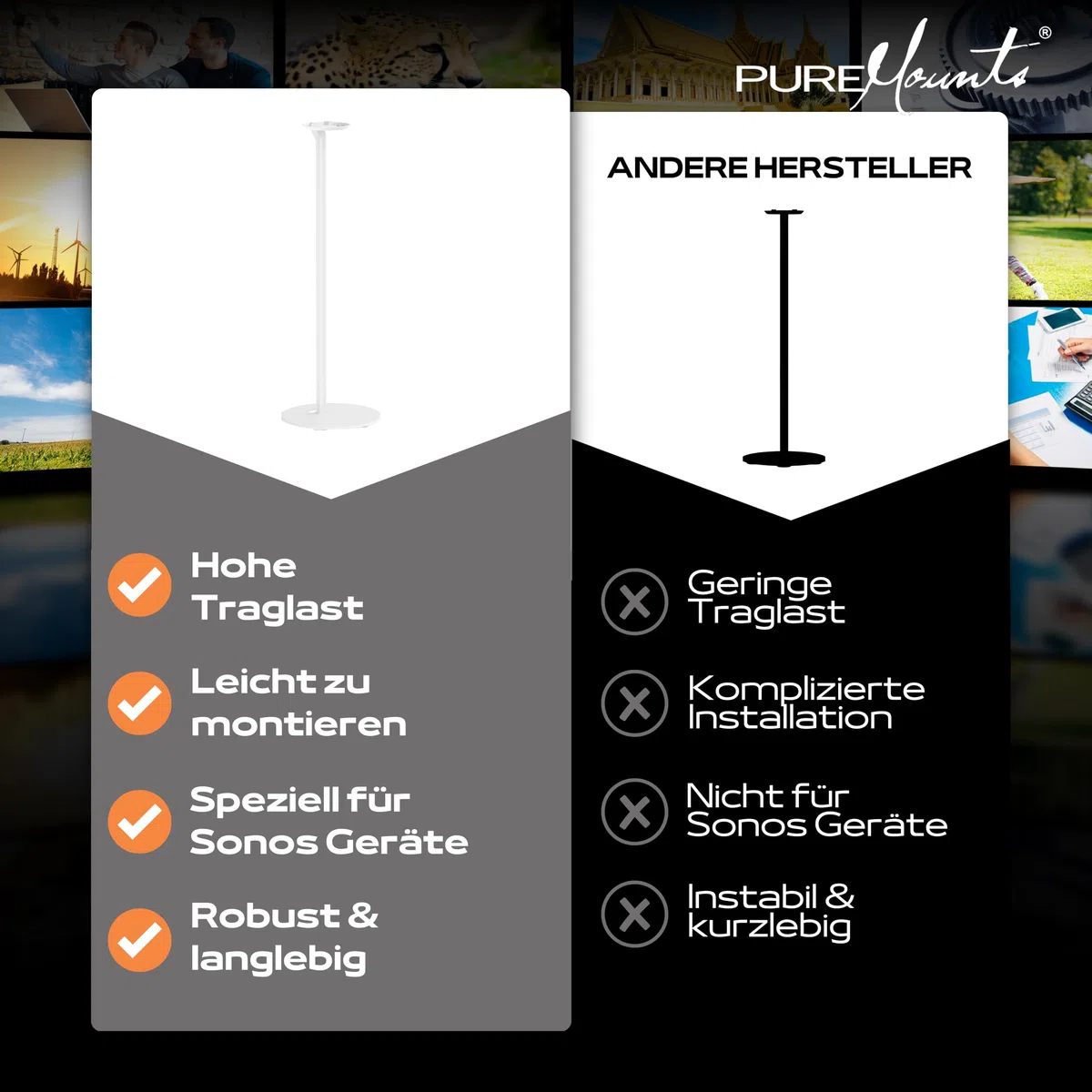 PureMounts Lautsprecherständer für Sonos Era 100, Lautsprecher Ständer, Boxenständer mit Kabelmanagement, 3Kg Tragkraft, weiß