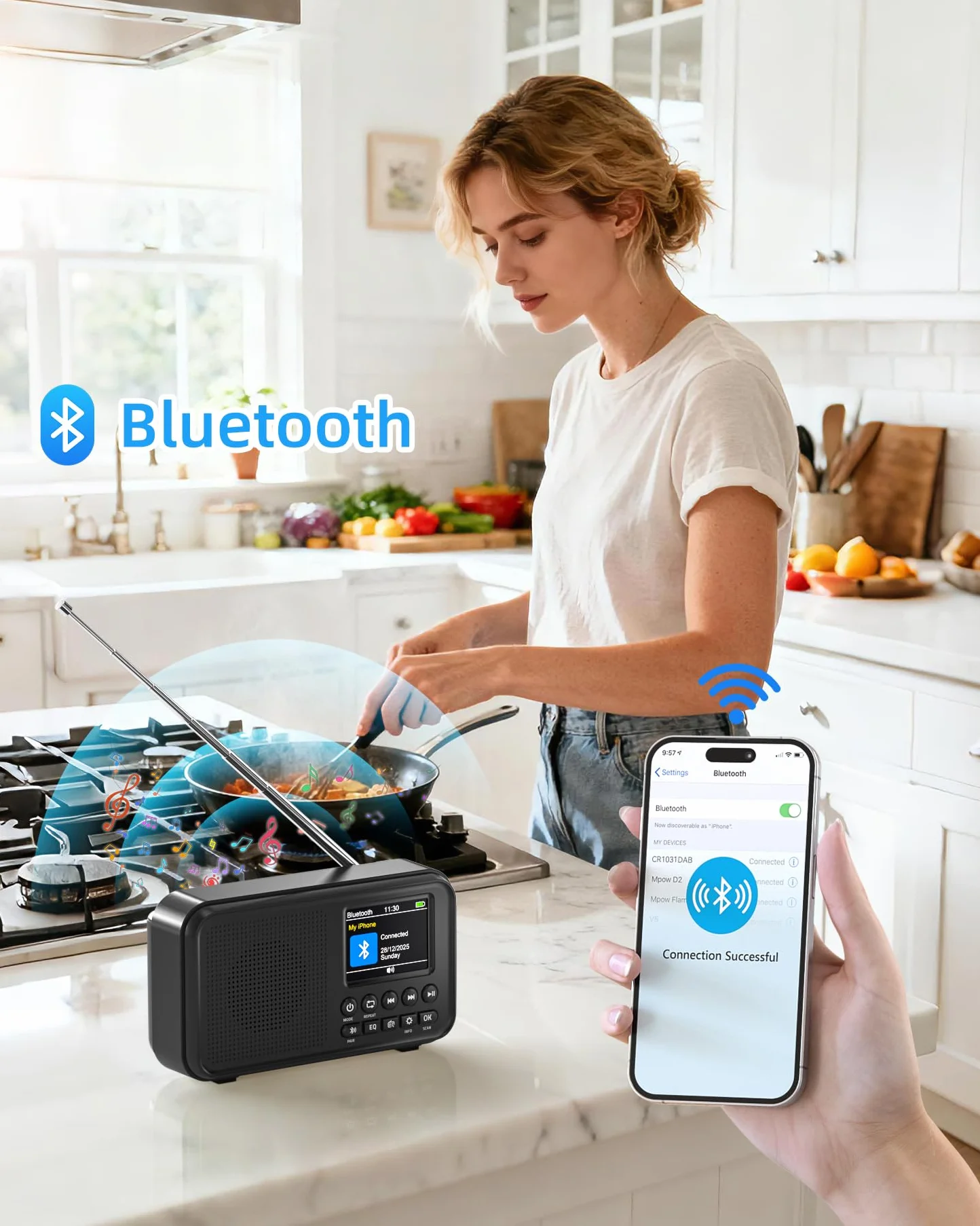 Tragbares DAB+ Radio mit Bluetooth, UKW/DAB Digitalradio mit 2,4" Farbdisplay, 80 Senderspeicher, 3000mah Akku oder Netzbetrieb, Support TF-Karte/Wecker/Sleeptimer/Klinken, Für Küche, Camping, Garten
