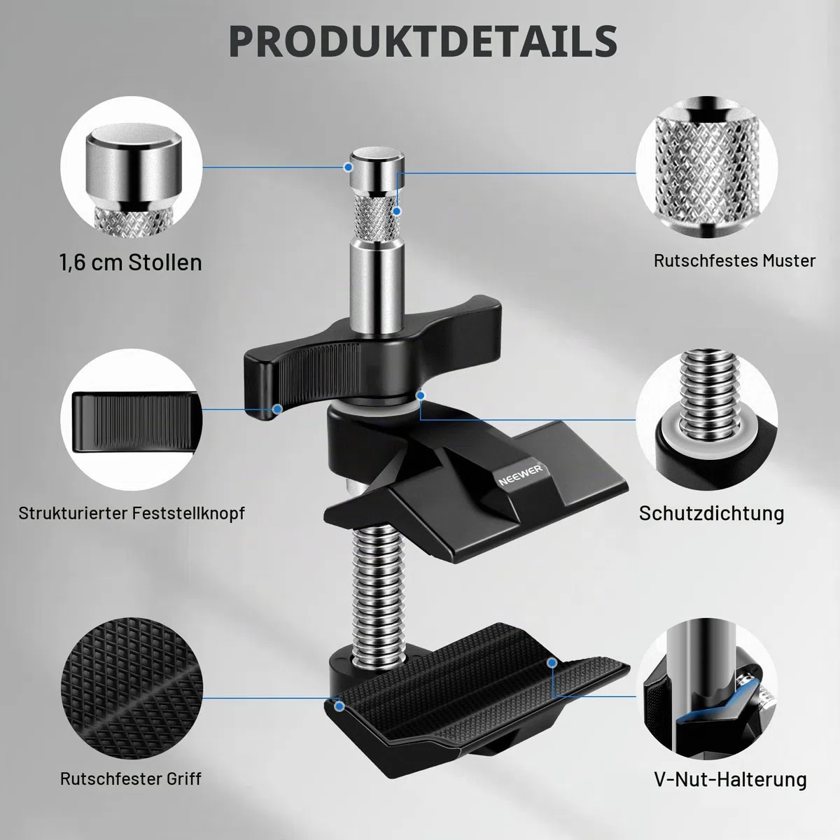 NEEWER 2" Endbacken Schraubstockgriff mit 5/8" Bolzen, Stahlschaft Endschraubstockklemme mit verstellbaren Aluminiumbacken, Gummipolster für C Ständer, Drehgriff, für LED Videolicht Softbox, UA015