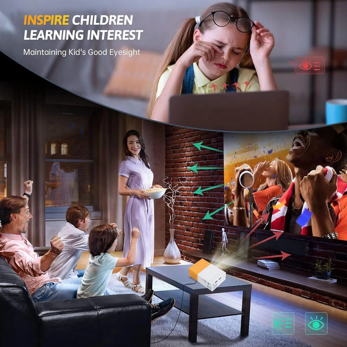 Projektor, 1080P Full HD Tragbarer LED-Projektor für Kinder, Smart-Heimkino-Filmprojektor für Laptops, PCs, TV-Boxen, TV-Sticks, Tablets, Smartphones (EU-Stecker)