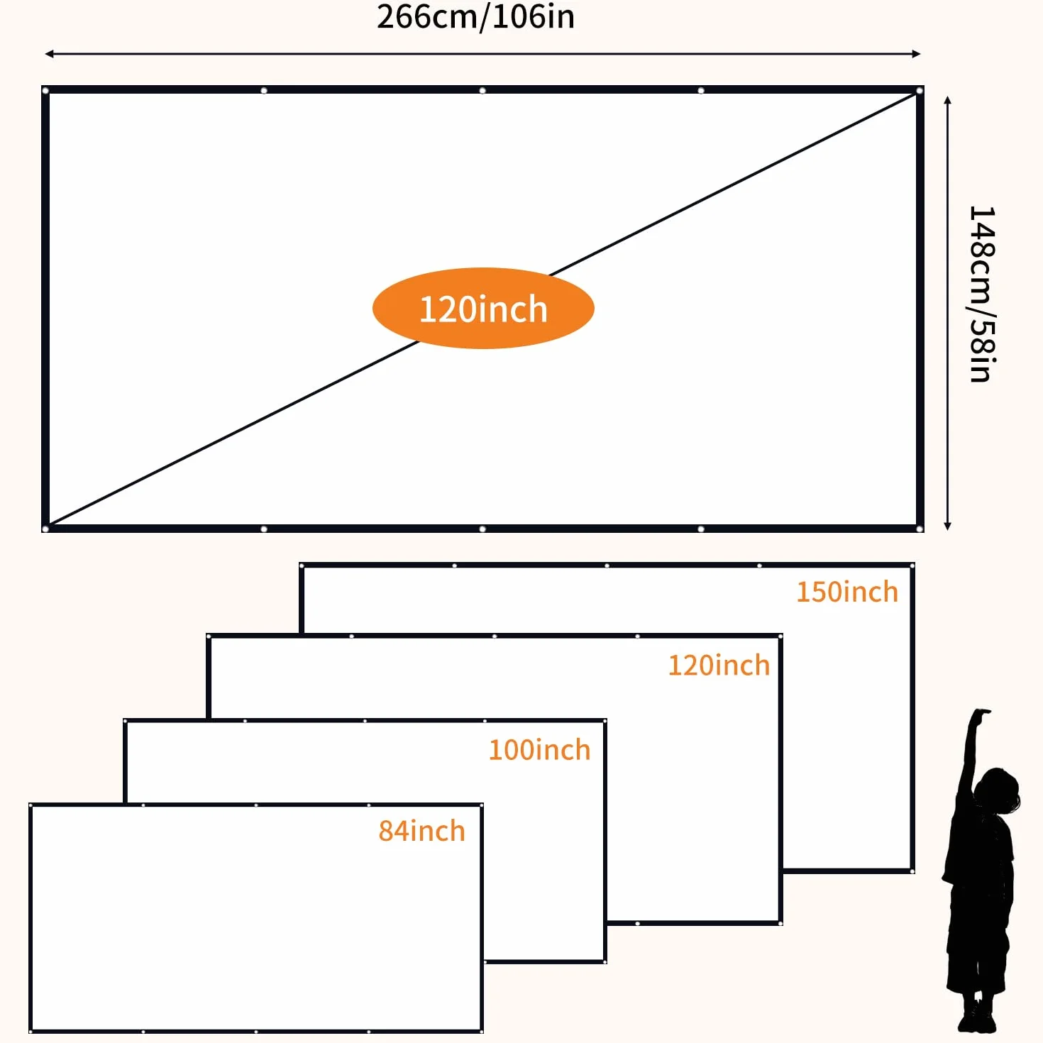 120 Zoll Leinwand Beamer,Faltbare Leinwand 16:9 Einfache Hängende Filmleinwand mit Haken, Seilen, 120 Zoll für Heimkino, Freiluftkino, Schule, Treffen, Camping