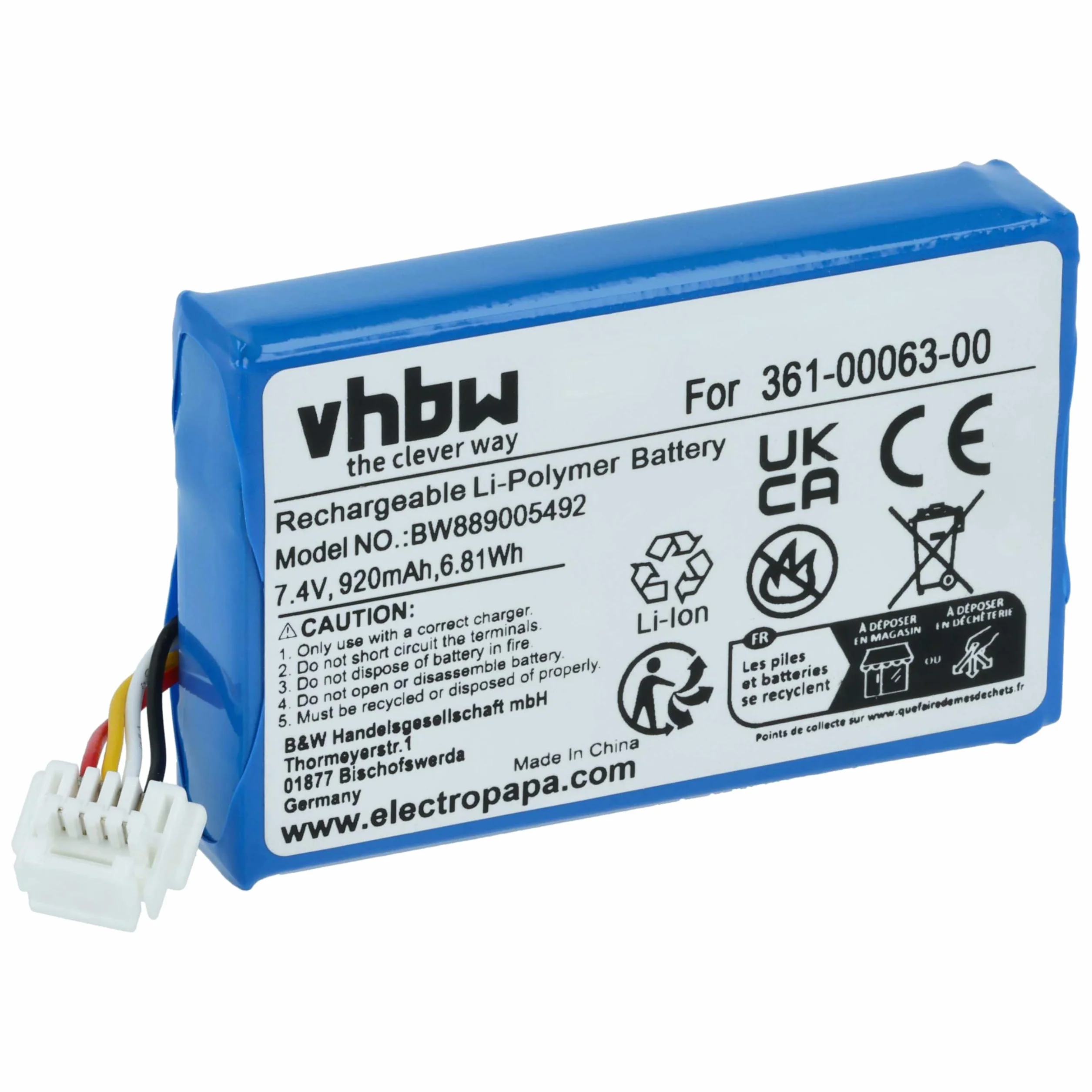 vhbw Akku Ersatz für Garmin 361-00063-00 für GPS Navigation Navi (920 mAh, 7,4 V, Li-Polymer)