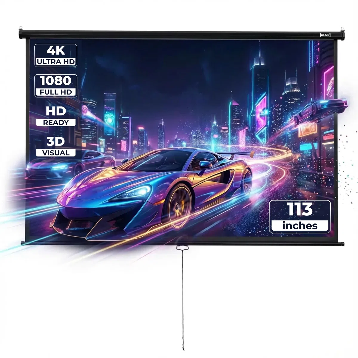 in.tec Projektionsleinwand HD 3D Beamer 113 Zoll Rollo-Leinwand selbstaufrollend 203 x 203 cm Wandmontage Deckenmontage alle Formate für Heimkino Büro Seminare