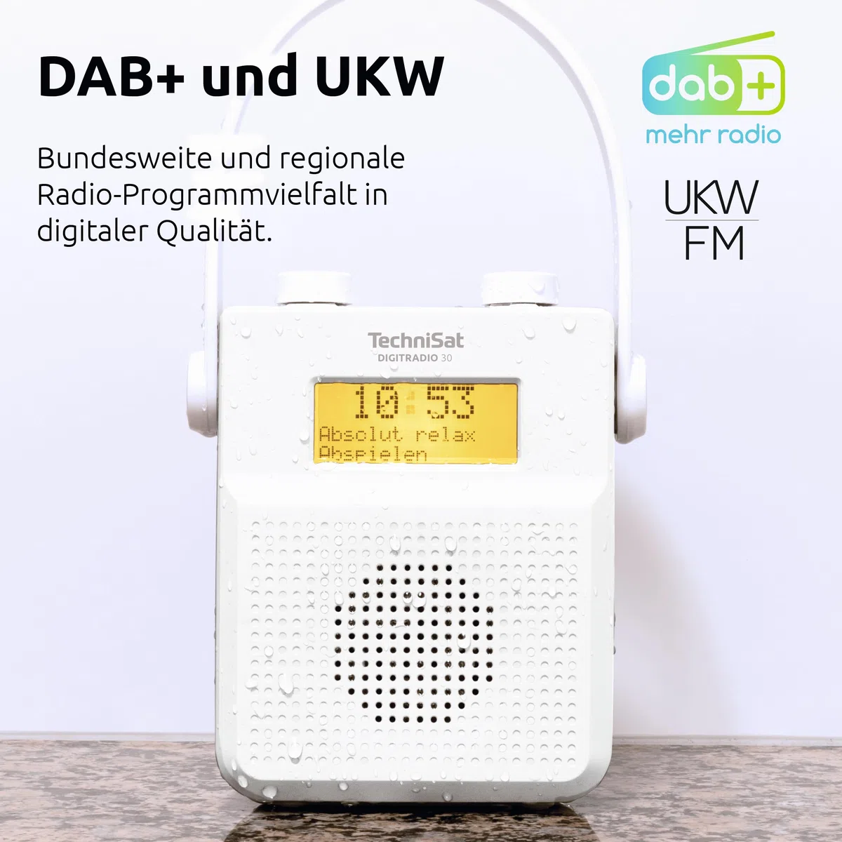 TechniSat DIGITRADIO 30 - wasserdichtes DAB+ Duschradio (UKW, DAB Digitalradio, integrierter Akku, Bluetooth, wasserdicht nach IPX5, Wecker, Favoritenspeicher, Kopfhörer-Anschluss) weiß
