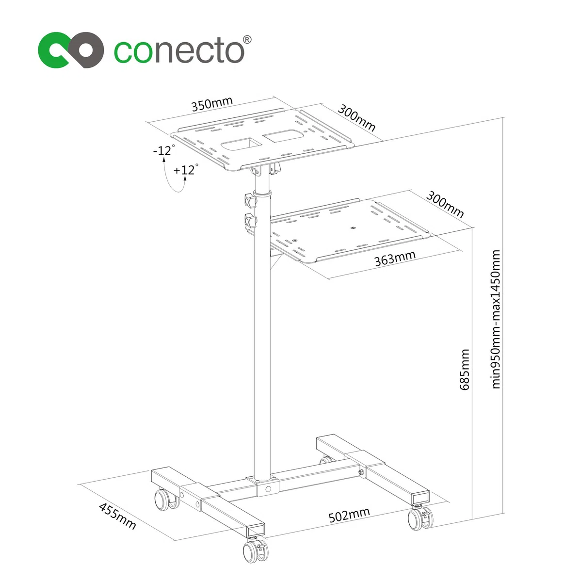 conecto CC50282 Neigbarer Projektionswagen/-Tisch für Beamer und Projektoren , neigbar -12° bis 12°, flexibel einstellbar, höhenverstellbar 950-1450mm, Traglast max. 10kg, schwarz