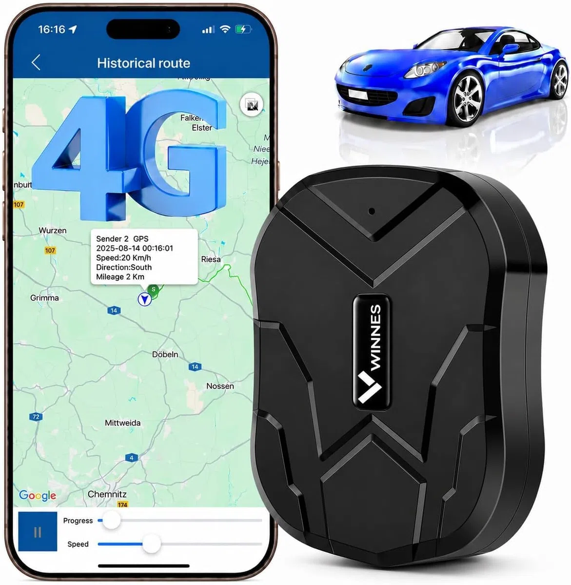 Winnes GPS Tracker 4G TK905, GPS Tracker Auto 5000mAh IP58 Wasserdicht mit kostenloser App/PC Plattform, kein ABO, Echtzeit-Tracking Anti-Verlust Tracker für Auto Motorrad