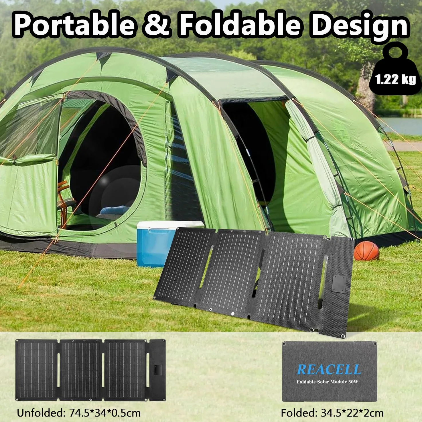 30W Faltbares Solarpanel Ladegerät mit 2 Anschlüsse (USB-C + USB-A） | IP65 Wasserdicht, USB and Type-C Ports, 23 % Wirkungsgrad, Tragbar Solar Panel, Für Handy Powerbank,Wanderung, Solarladegerät