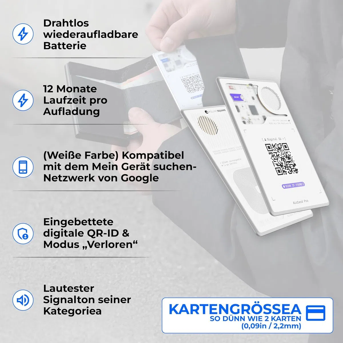 Rolling Square AirCard Pro – Bluetooth Tracker Karte Für Android Google Find Hub, Tracking Card mit Kabellosem Laden und Digitaler ID, Ultradünnes Technik-Gadget für Portemonnaie oder Reisepass