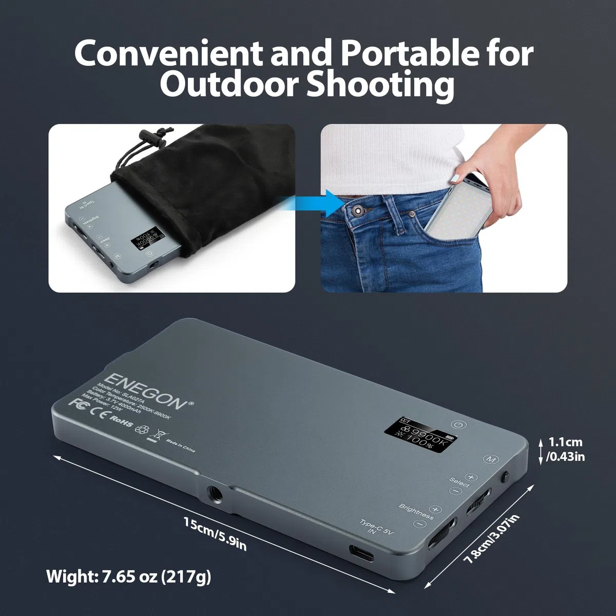 ENEGON 4000mAh wiederaufladbare montierbare zweifarbige LED-Videoleuchte mit Mini-Panel für professionelle DSLR-Kameras/Foto-Video-Beleuchtung. Passend für iPhone, Sony, Canon, Nikon, Fuji, Panasonic