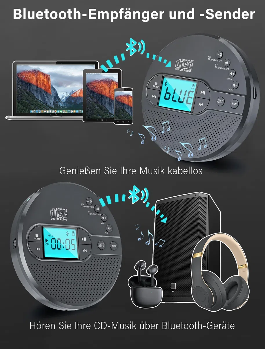 Discman-CD-Player mit Bluetooth-FM-Transmitter, Kopfhörern, LCD-Bildschirm, AUX, integriertem Lautsprecher, USB-Anschluss, 2000mAh wiederaufladbarer CD-Player tragbarer mit Anti-Skip-Schutz