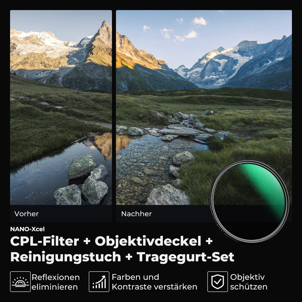 K&F CONCEPT Filter 55mm Polfilter CPL HD Optisches Glas mit Multi-Nano-Beschichtung mit Objektivdeckel, Filter+Objektivdeckel Kit (Nano-Xcel)