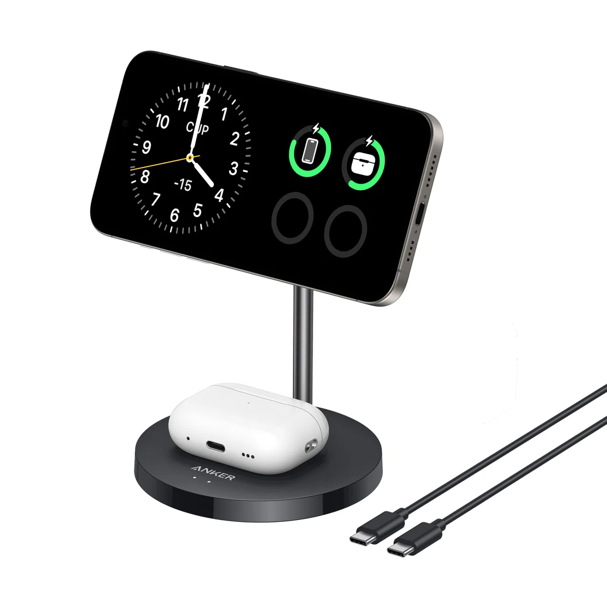 Anker MagGo 15W Magsafe Ladegerät kompatibel, 2-in-1 Induktive Ladestation, Qi2 Wireless Charger für iPhone 17/16/15/14/13/12, AirPods Pro, Mit 1,5m USB C Kabel, ohne Netzteil