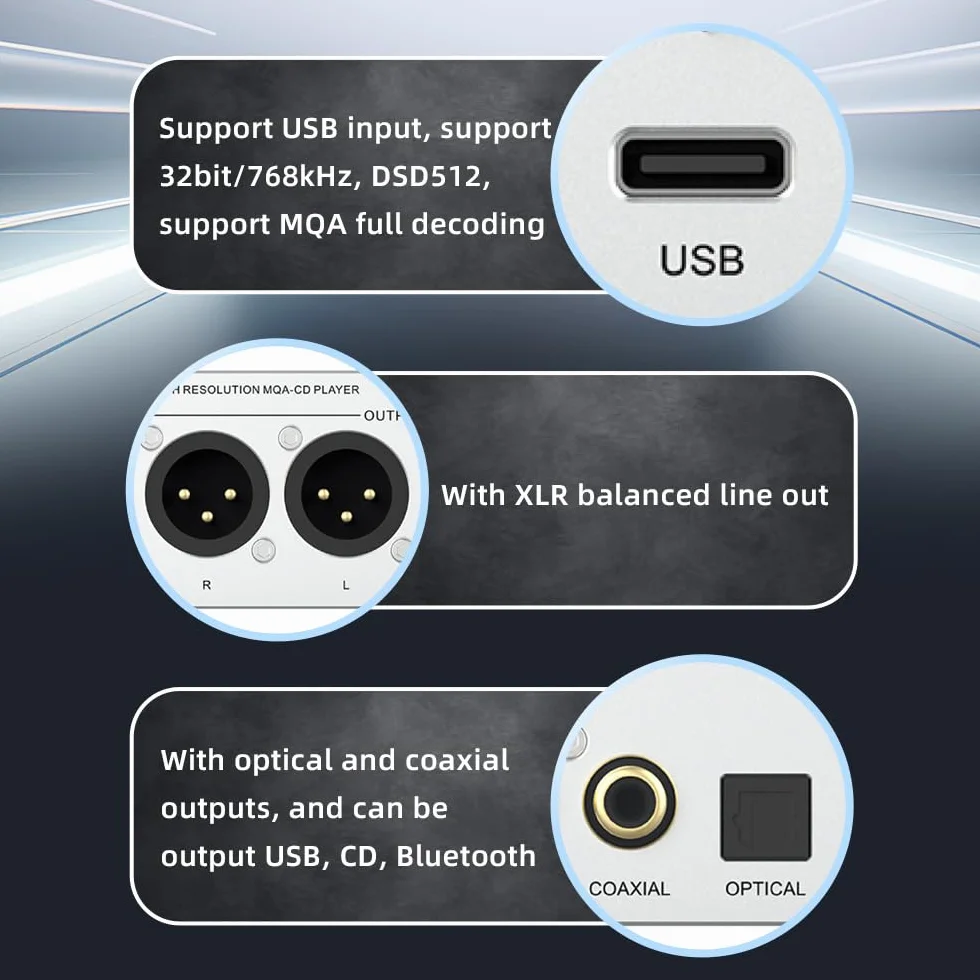 SMSL PL200 MQA-CD-Player Plattenspieler HiFi Lossless AK4499EX Chip Bluetooth Wiedergabe Dekodierung Kopfhörerverstärker mit Fernbedienung (Silber)