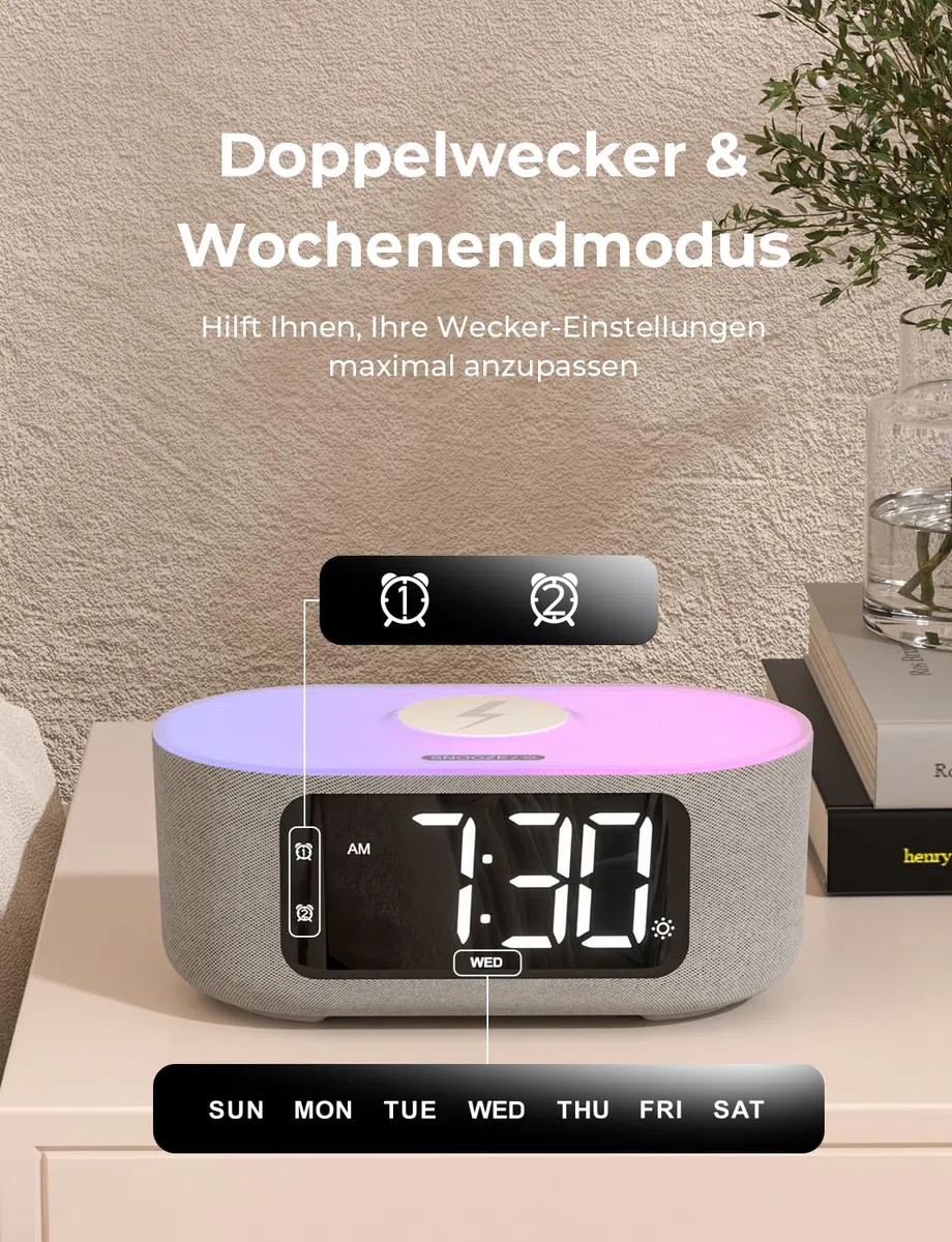 LIORQUE Digitaler Radiowecker mit Kabelloser Ladestation, Bluetooth Wecker mit Licht, 15W Fast Wireless Charger Qi, LED Display mit Auto Dimmer, 2 Wecker, Wochenendmodus, Schlafmusik