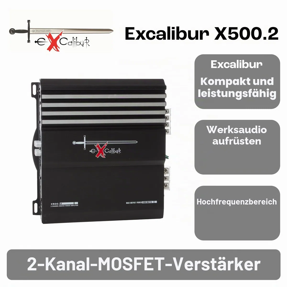 Excalibur X500.2 2-Kanal MOSFET Auto Verstärker Endstufe mit 1000W Maximalleistung 50W RMS und flexibler 1-4 Ohm Impedanz für ein kompaktes und leistungsstarkes Upgrade der Kfz-Audioanlage
