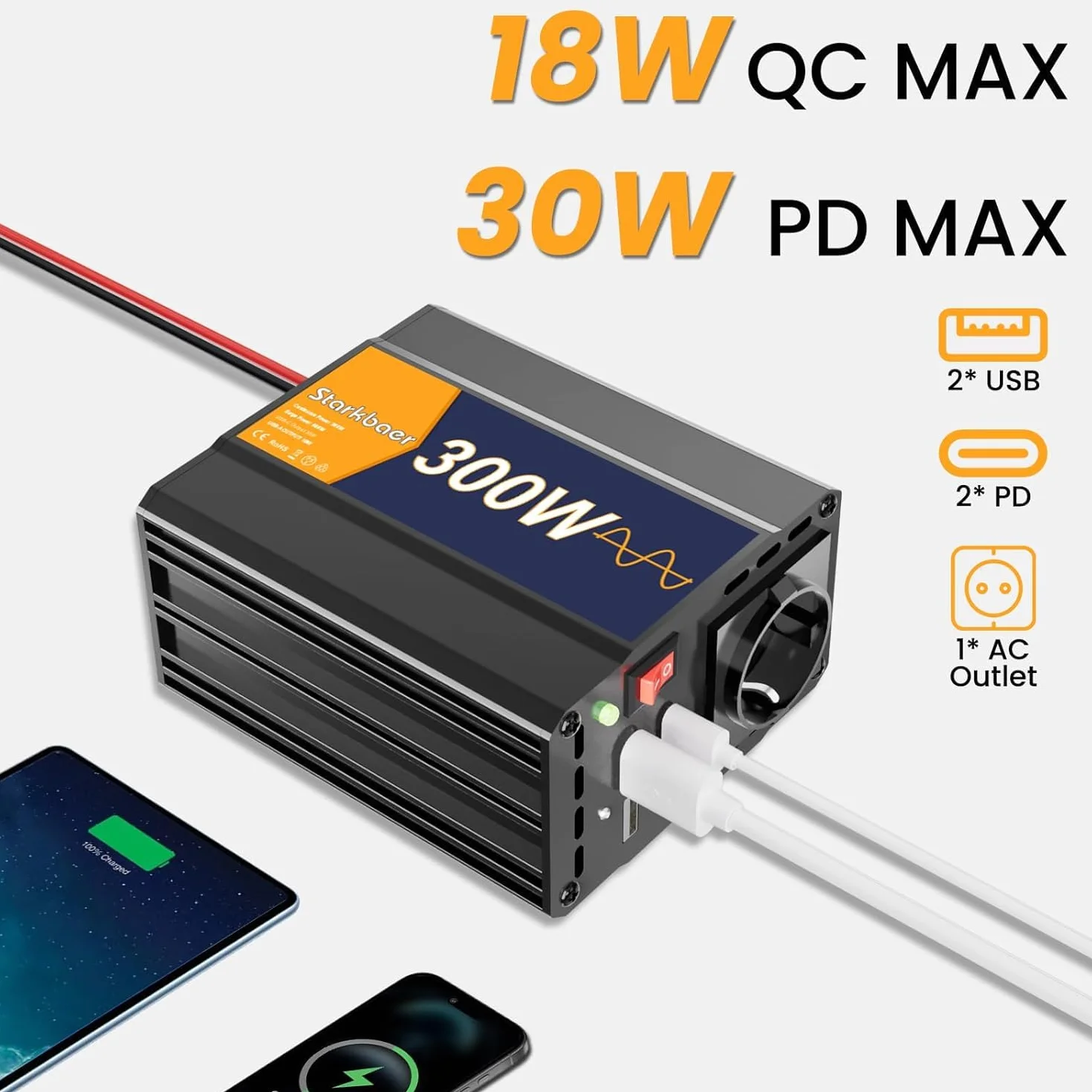 300W/600W Wechselrichter Reiner Sinus 12V auf 230V Spannungswandler, Pure sine Auto Inverter, 4X USB & 1xAC Steckdosen Stromwandler. Kfz-Zigarettenanzünder-Stecker, Alu-Legierung.