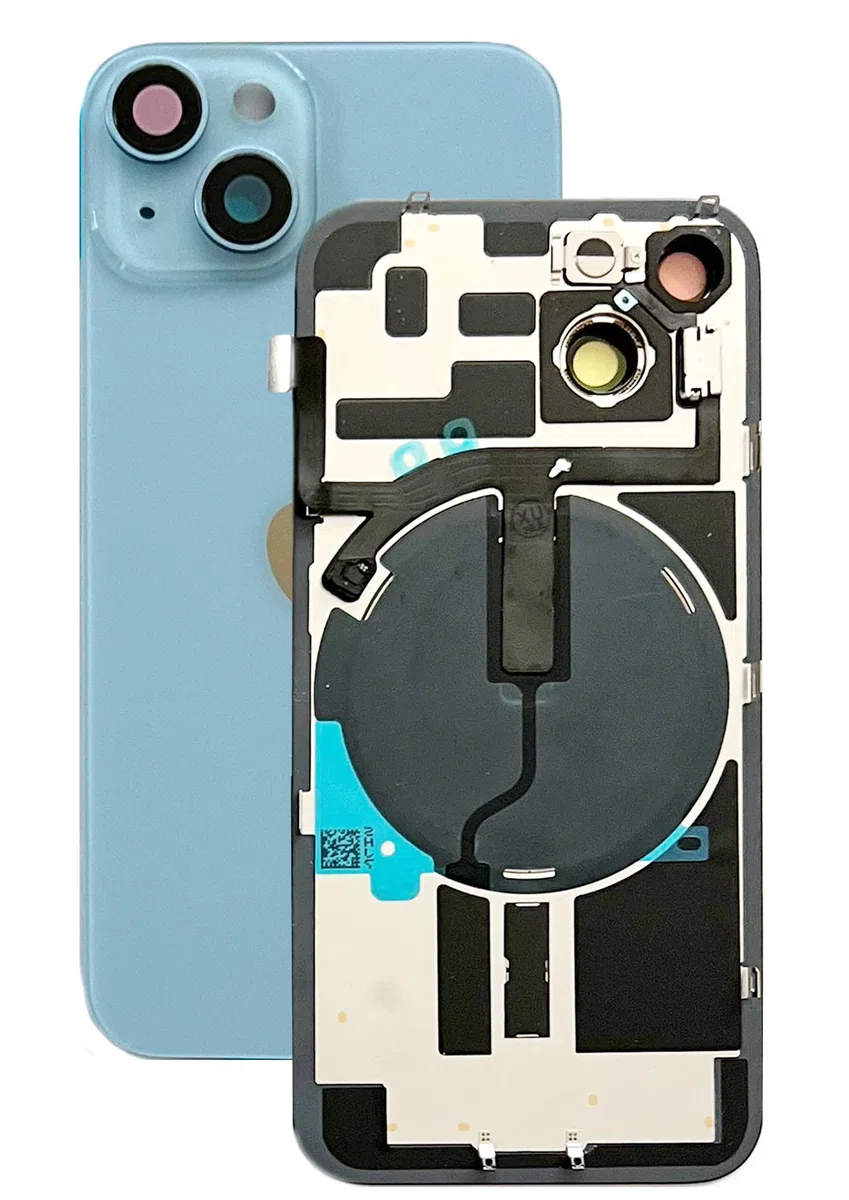 SVV Backcover, Akkudeckel passend für iPhone 14. Vormontiert : mit QI/NFC Flexkabel, Magnet, Metallträger, Kameraringe, etc. Genau wie auf das Foto. Ersatzrückglas. OEM (Blau)