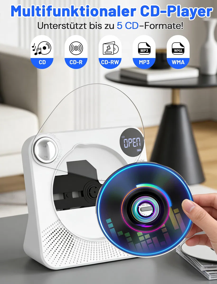 Tragbarer CD-Player 4000mAh Wiederaufladbar, Bluetooth 5.1 mit Stereo-Lautsprechern, Fernbedienung, Staubschutz-Schiebedeckel, Anti-Skip, AUX/USB, CD Spieler für Zuhause & Unterwegs - Weiß