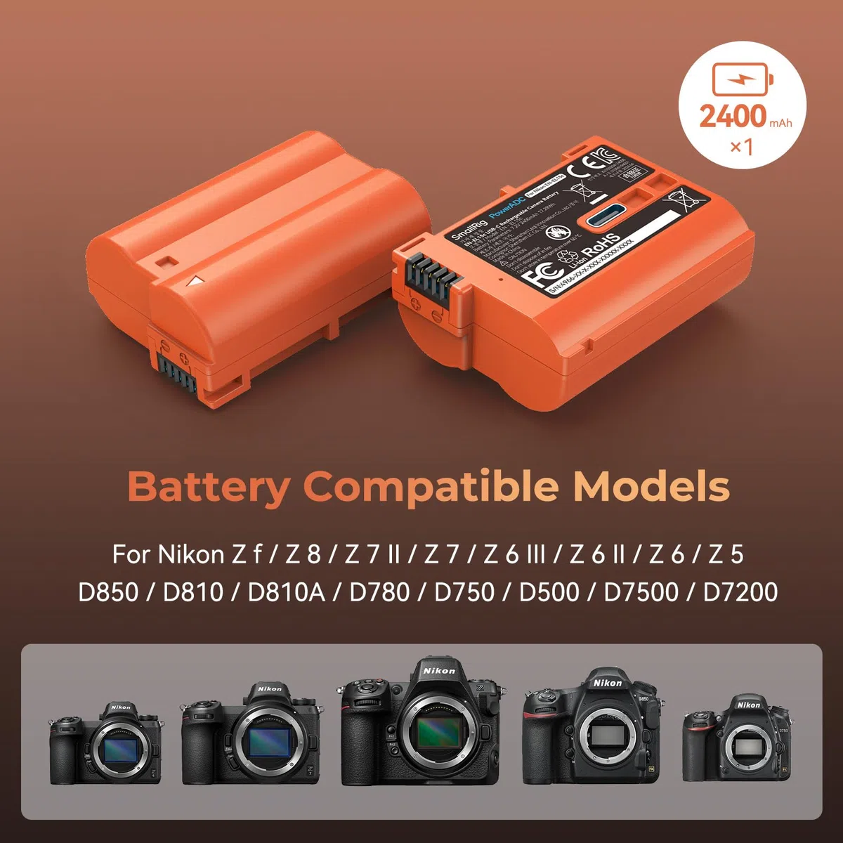 SMALLRIG EN-EL15C 2400mAh USB-C Kamera Akku für Nikon ZR, Z6 III, Zf, Z8, 2,5H voll aufgeladener Akku für Nikon ZR, Z7, Z6, Z7 II, Z6 II, Z5, D850, D810, D810A, D780, D750, D610, D500, Orange – 4966