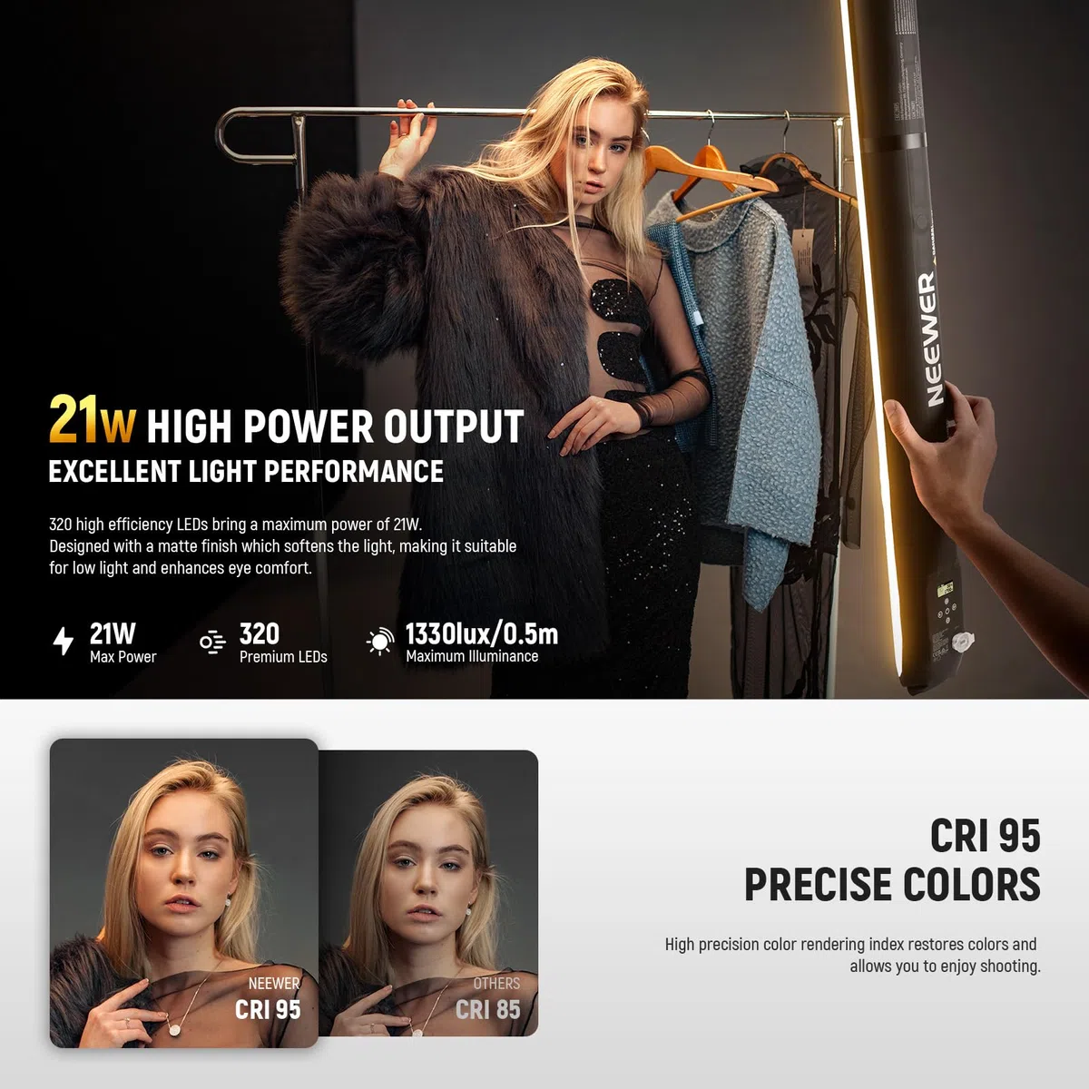 NEEWER 21W Handheld LED Leuchtstab 35.5"/90cm, Bi Color Portable Inflatable TPU Video Lighting, 2700-6500K 1300Lx/0.5m 12 Effekte CRI95 2500mAh Batterie, für Studio Fotografie Video Aufnahme, GC21B