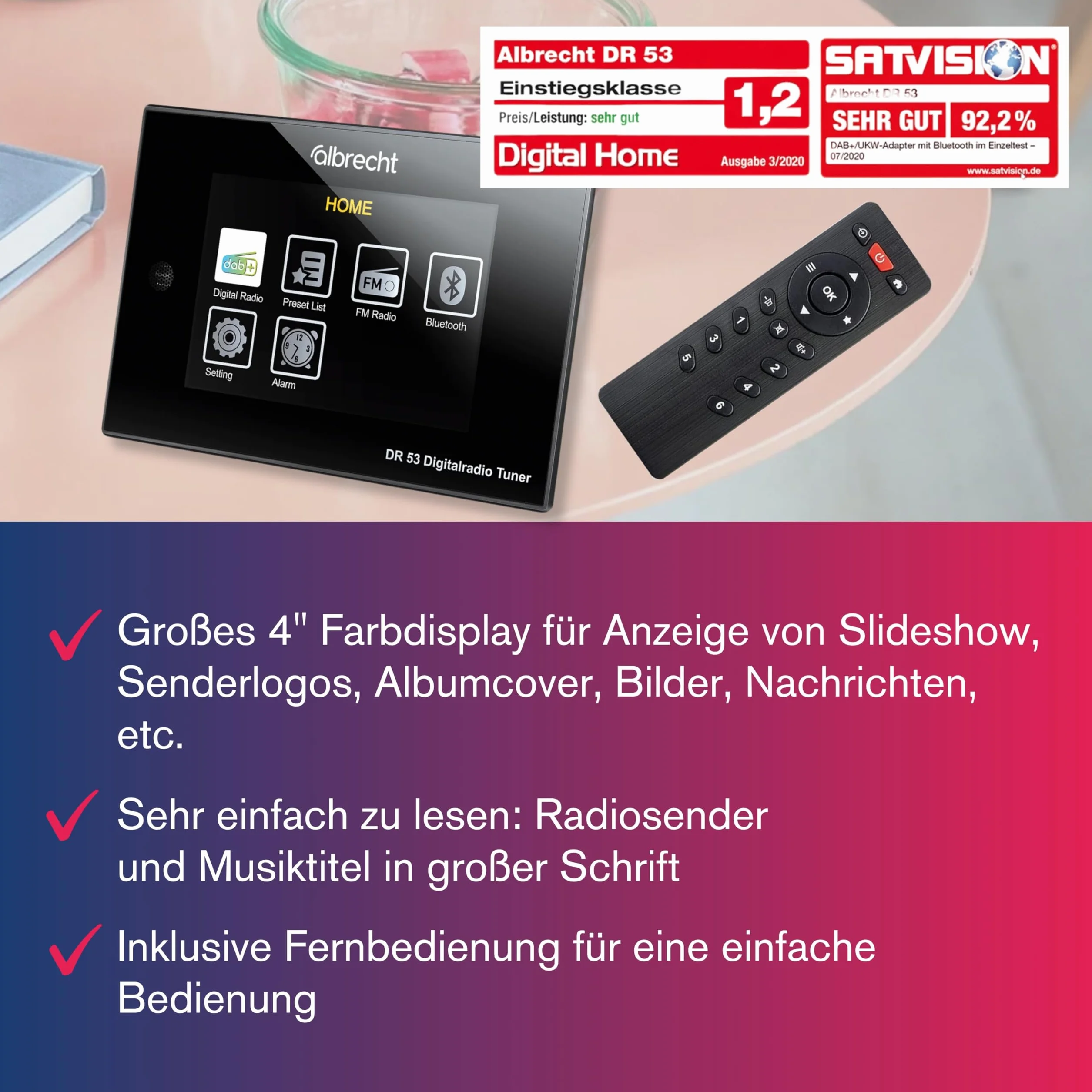 Albrecht DR 53 Digitalradio-Adapter, DAB+, UKW & Musik-Streaming Tuner für Stereoanlagen, 27251, mit Farb-Display & Fernbedienung