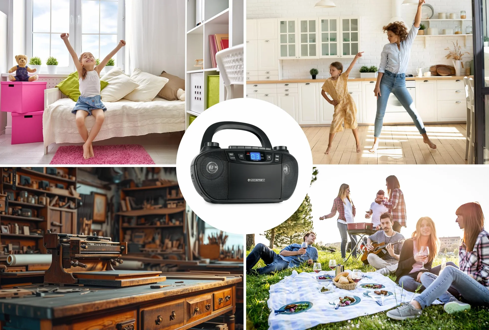 McGrey CDB-1016 BK Boombox mit Kassette, CD-Player, Radio mit Tragegriff - Rekorder mit AUX-Eingang und Kopfhörer-Ausgang - Betrieb über Netzkabel oder 6X Typ C-Batterien - Kinder & Erwachsene