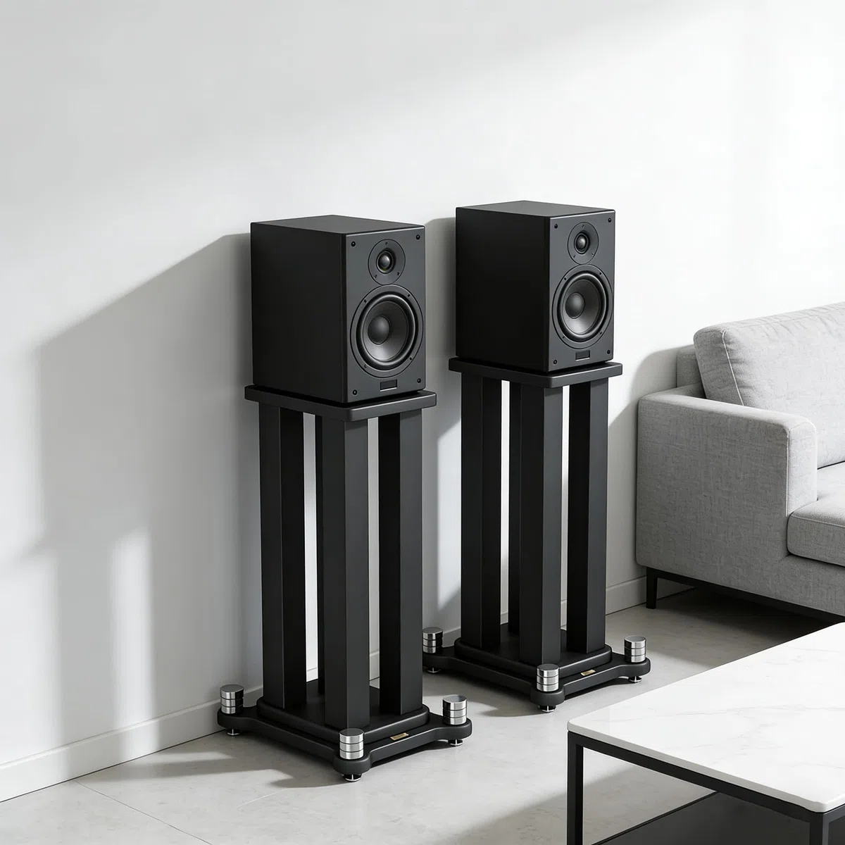 2er-Set lautsprecherständer, Stahlrahmenstütze Lautsprecher Stand für Lautsprecher mit bis zu 40KG, Vibrationsabsorbierendes MDF-Design, Verbessern Sie die Klangqualität (Black, 60cm)