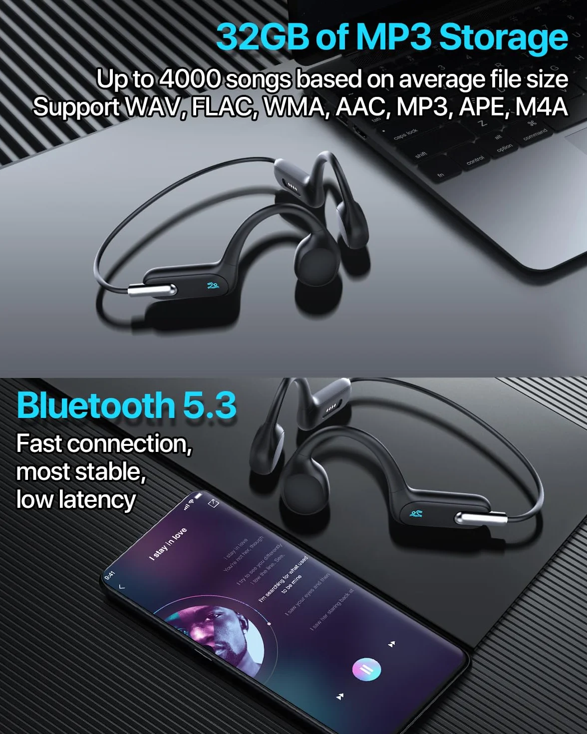 HIFI WALKER T10 Air Schwimmkopfhörer, IPX8 wasserdichte Knochenschall Kopfhörer mit 32GB MP3 Player, Open-Ear Bluetooth 5.3 Sportkopfhörer für Schwimmen und Training