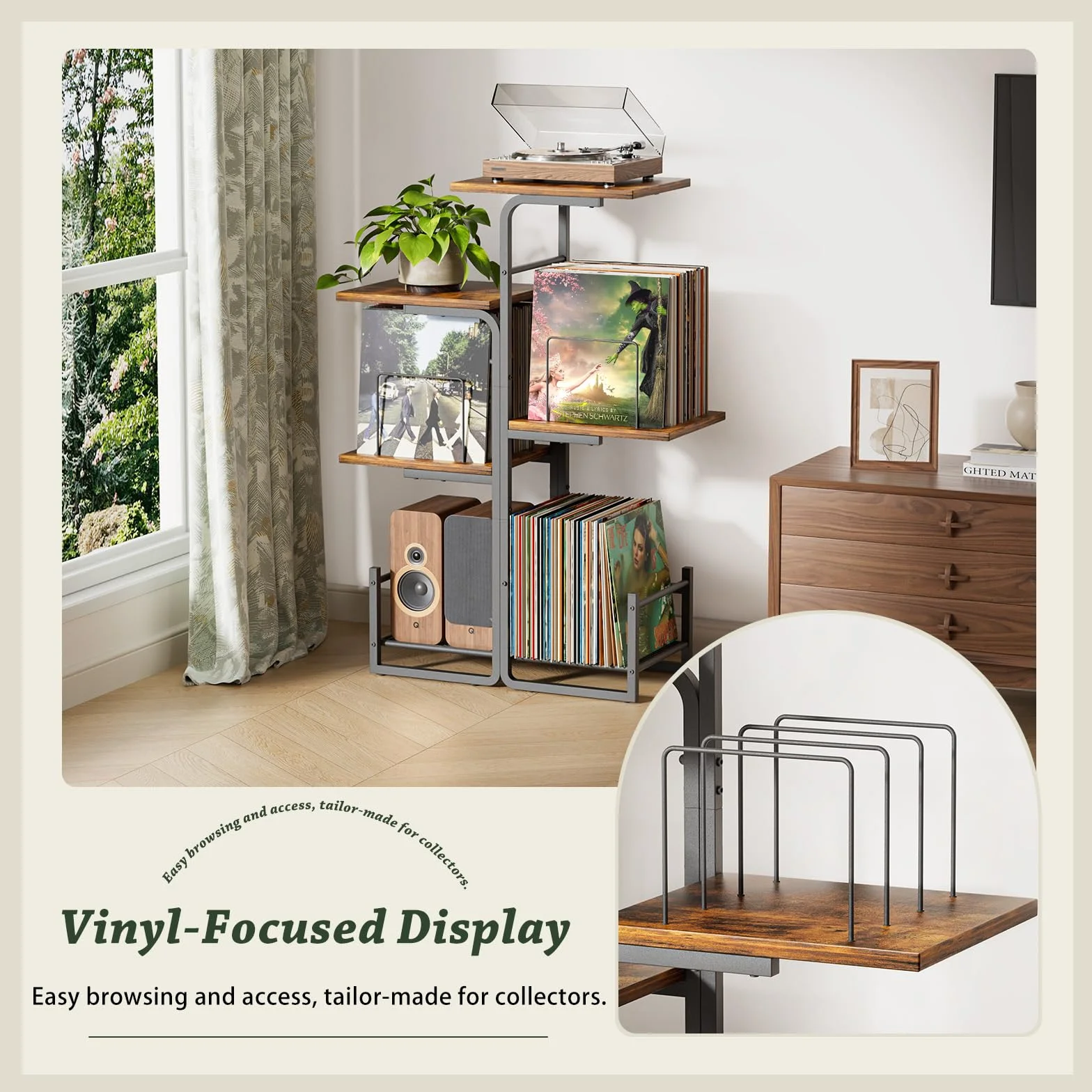 Bikoney Plattenspieler Ständer mit großem Vinyl Stauraum, Vintage Turntable Tisch mit LP Ablage & Schallplatten Display, Pflanzendesign Plattenschrank für Wohnzimmer, Schlafzimmer & kleine Räume