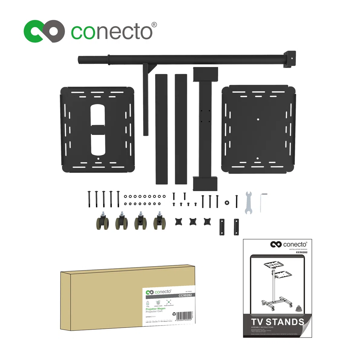 conecto CC50282 Neigbarer Projektionswagen/-Tisch für Beamer und Projektoren , neigbar -12° bis 12°, flexibel einstellbar, höhenverstellbar 950-1450mm, Traglast max. 10kg, schwarz