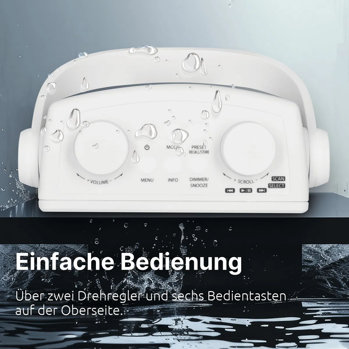 TechniSat DIGITRADIO 30 - wasserdichtes DAB+ Duschradio (UKW, DAB Digitalradio, integrierter Akku, Bluetooth, wasserdicht nach IPX5, Wecker, Favoritenspeicher, Kopfhörer-Anschluss) weiß