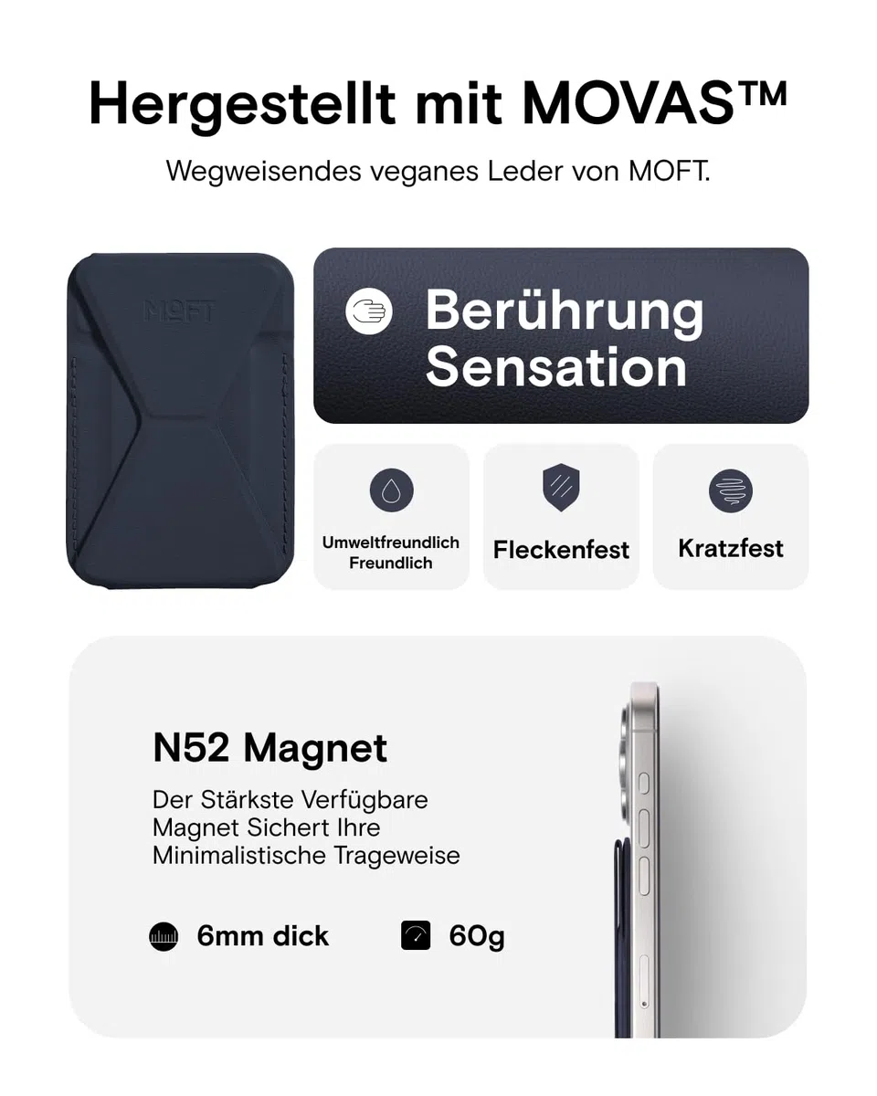 MOFT Magnetischer Handy Wallet Ständer, Veganem Leder Kartenhalter Stand Kompatibel mit Magsafe iPhone 17 16 15 14 13 12 Serie, 3 Betrachtungswinkel