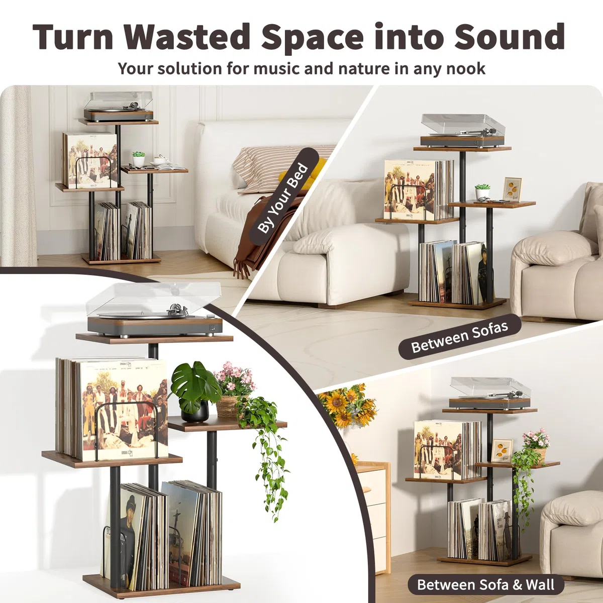 Bikoney Plattenspieler-Ständer mit Vinyl-Aufbewahrung, Holz-Tisch für Plattenspieler mit LP-Regal, Schallplatten-Organizer und Display für Kleine Räume, Wohnungen, Schlafzimmer und Wohnzimmer