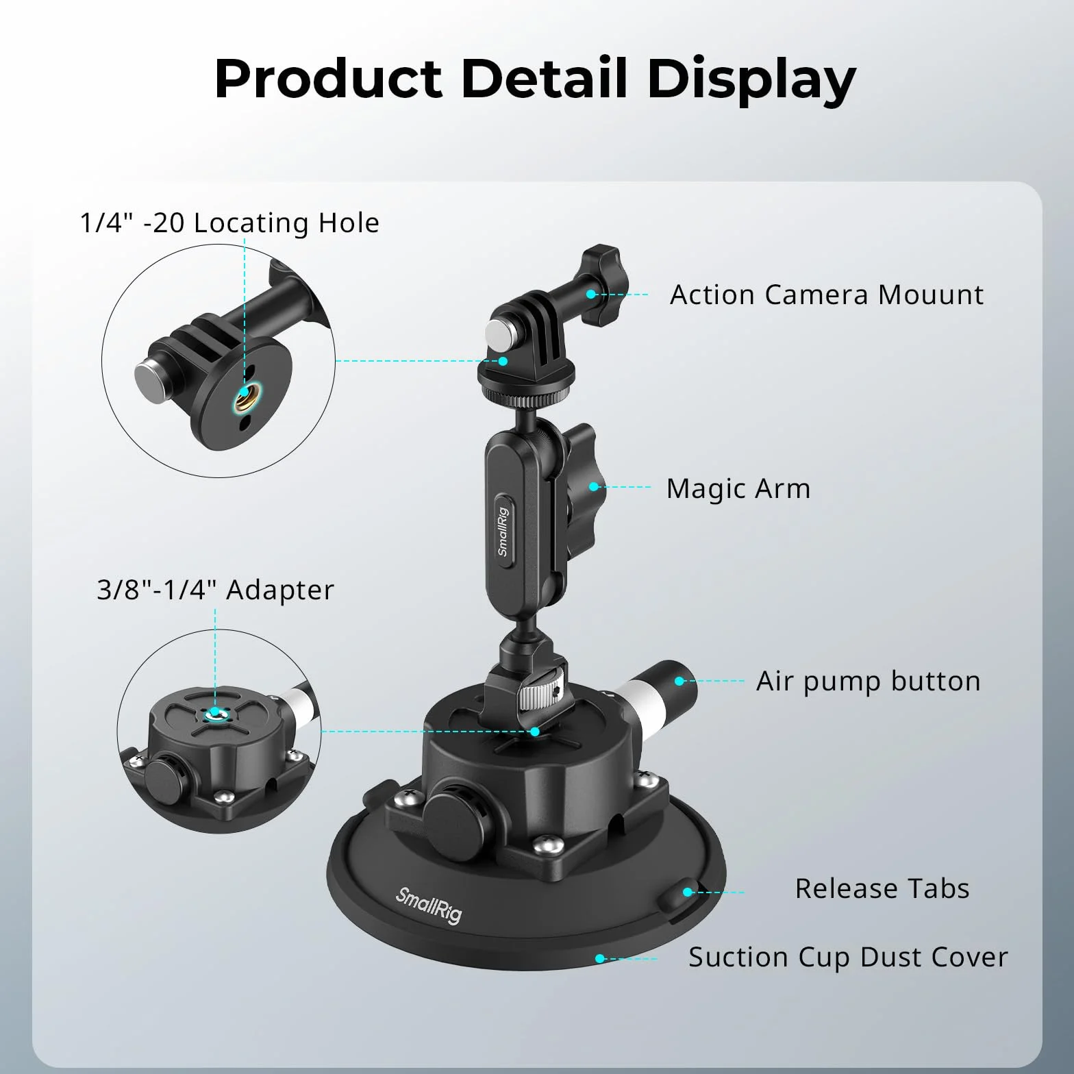SMALLRIG 4,5" Suction Cup Mount mit Kugelkopf-Zauberarm, Halterung für Action-Kameras für DJI Osmo Action 6/5/4, für Insta360 x5, für Gopro 13, Tragfähigkeit 1.5 kg, an Autoscheibe oder Fenster - 5855