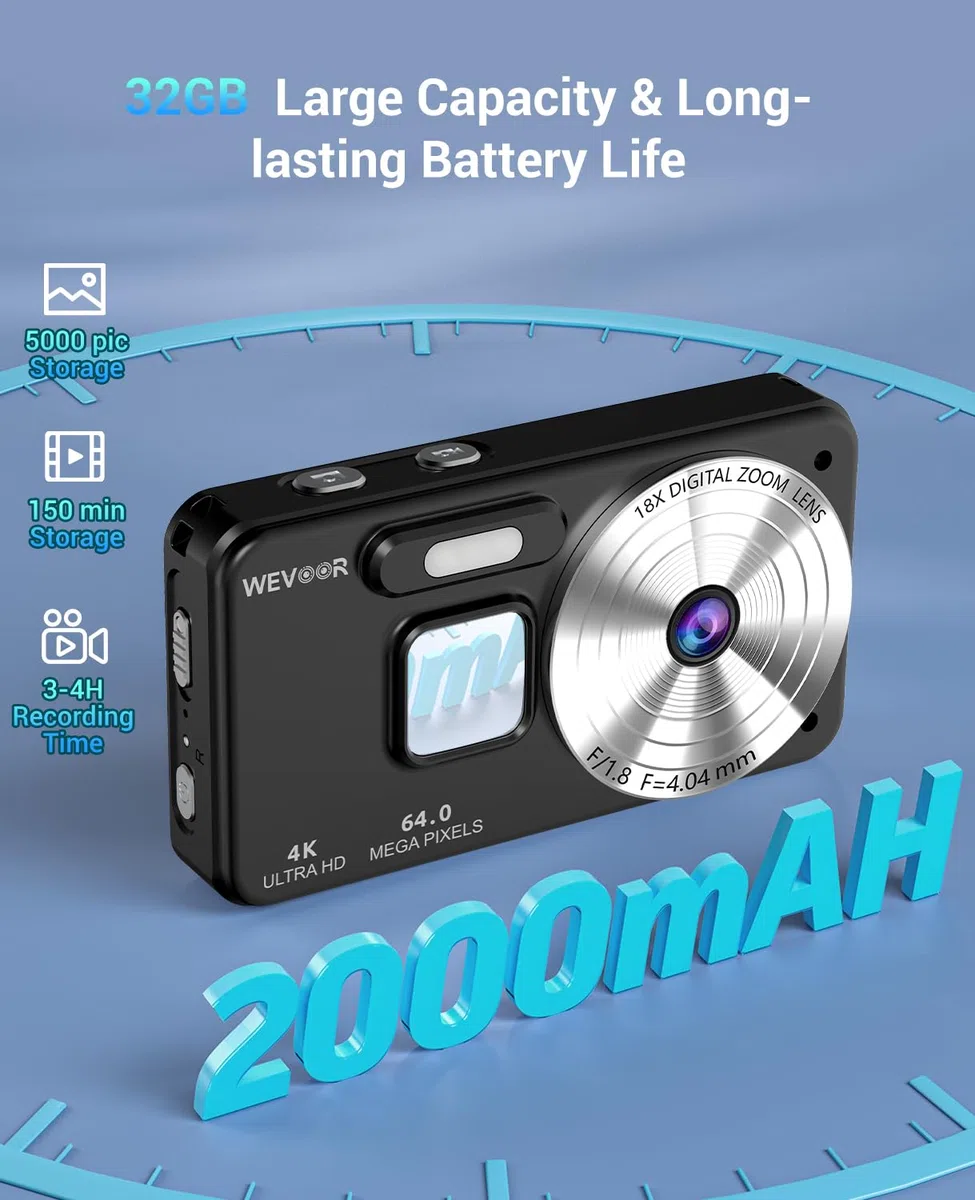 Digitalkamera 4K 64MP, Wevoor Digital Fotokamera 32GB mit Autofokus, 18x Digitalzoom Kamera, 2,8" Bildschirm, 2000mAh Kompaktkamera, Fotoapparat Digitalkamera für Anfänger Kinder Teenager - Schwarz