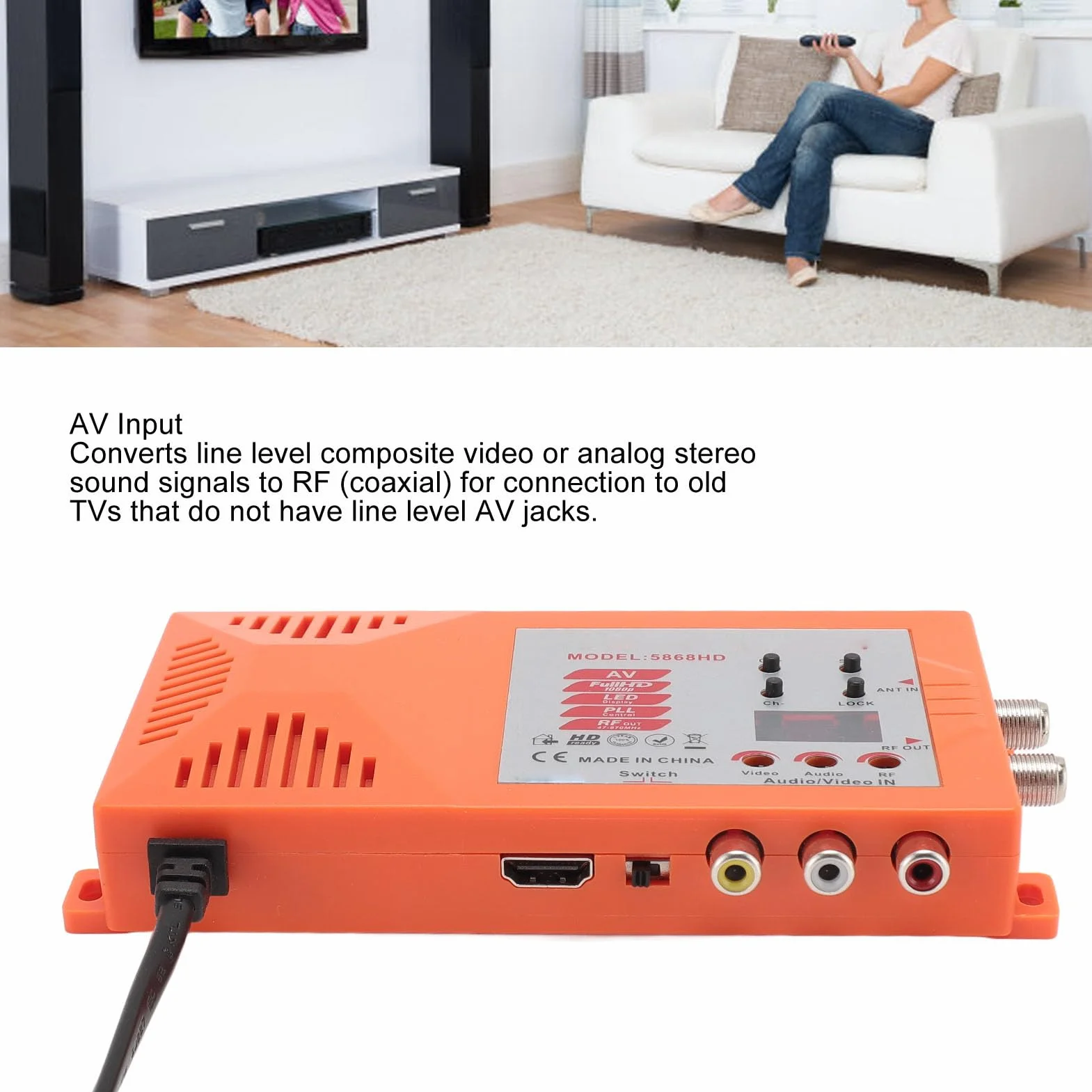 Jectse HDMI-Modulator-HF-Konverter, Koaxial-Composite-VHF-UHF-AV-zu-RF-Konverter, Unterstützt das PAL-NTSC-Format, mit Antenneneingang, Ausgang und Kanalschalter für