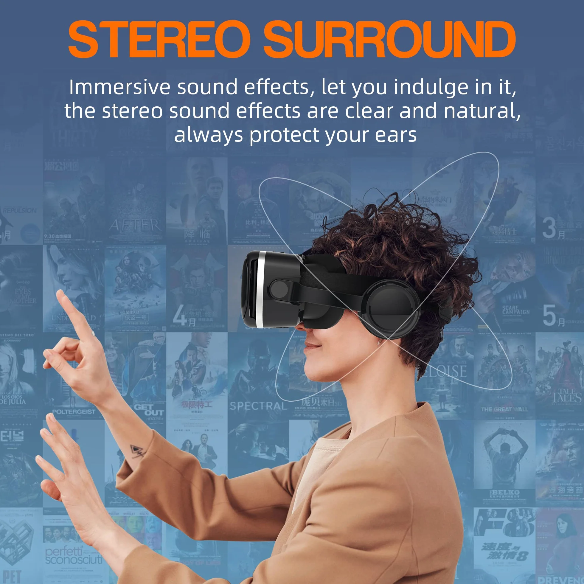 3D VR Brille mit HiFi Kopfhörern, Immersive Virtual Reality für Spiele & Filme, Ergonomisches Design, Unterstützt 4,7-7,2 Zoll Smartphones, Weihnachten Geschenk für Kinder