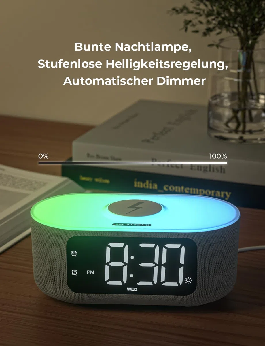 LIORQUE Digitaler Radiowecker mit Kabelloser Ladestation, Bluetooth Wecker mit Licht, 15W Fast Wireless Charger Qi, LED Display mit Auto Dimmer, 2 Wecker, Wochenendmodus, Schlafmusik