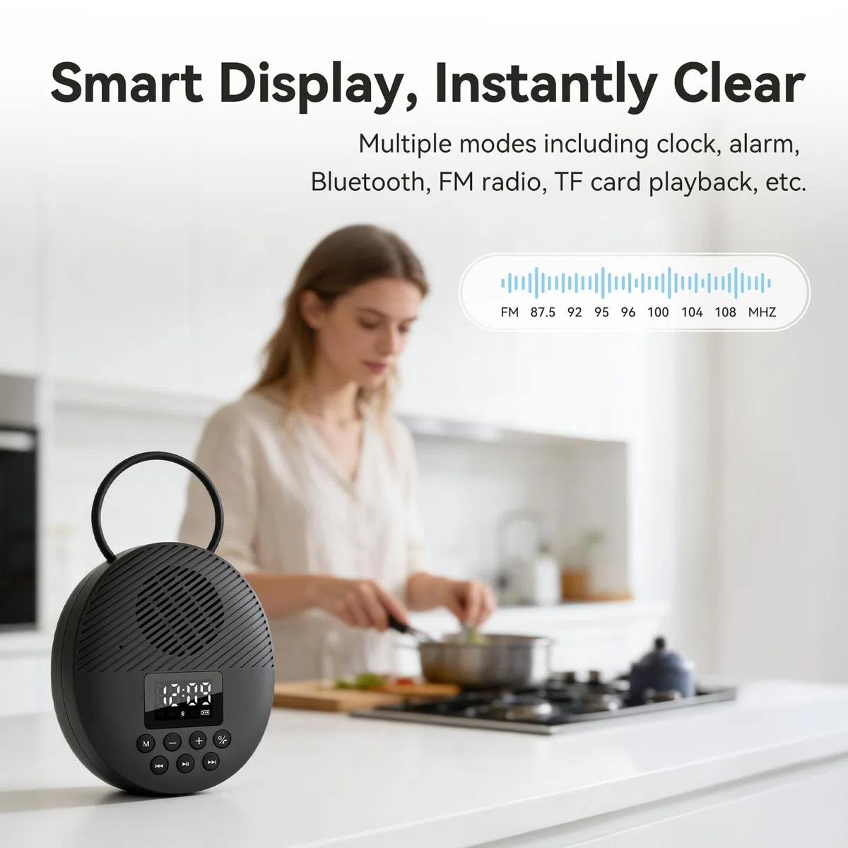 AGPTEK Duschradio Bluetooth 5.4 Badradio | mit Uhr, Lautsprecher, LED-Display & Wecker, IPX5 Wasserdicht Mini Radio for the Bathroom Radio mit Saugnapf & Aufhängeseil