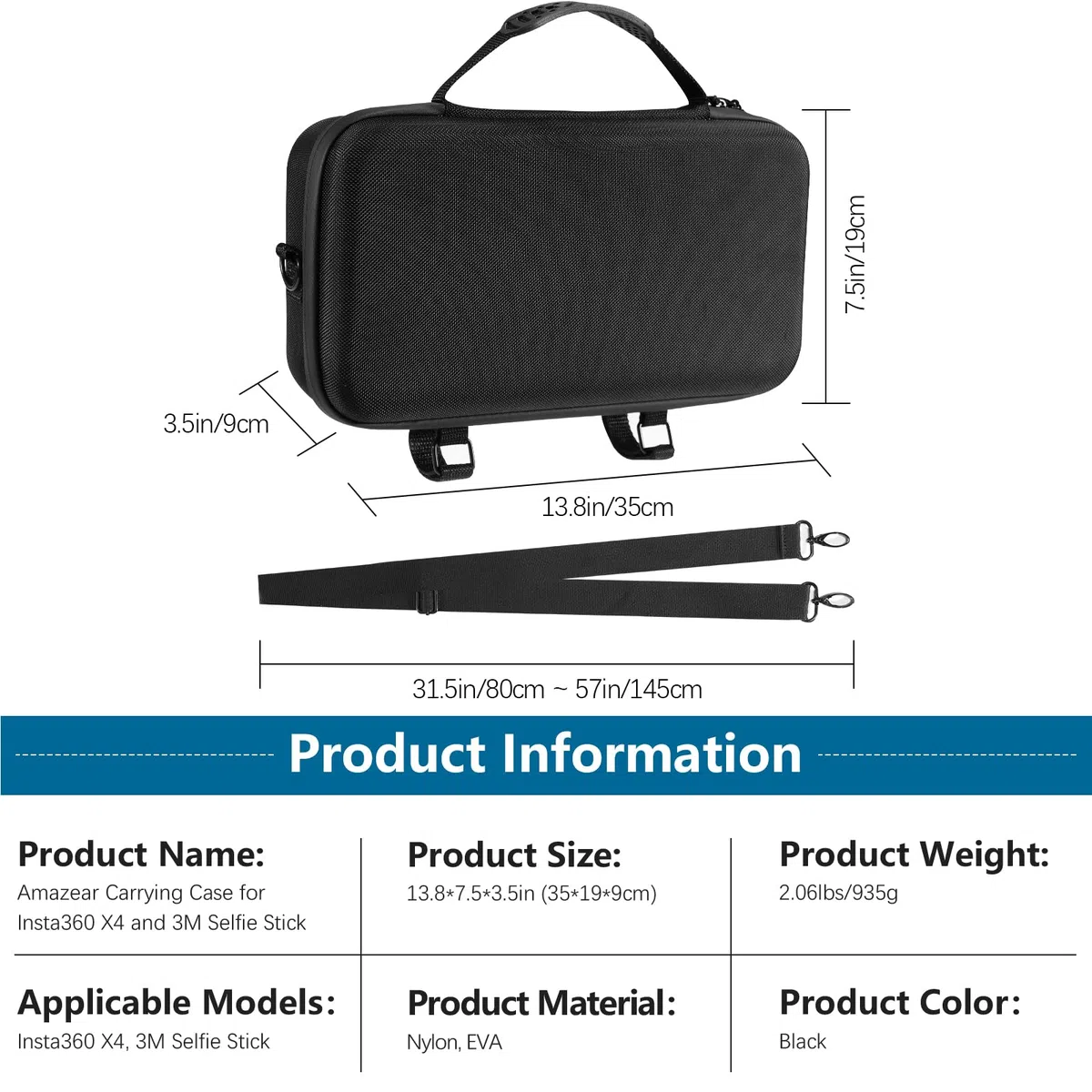 AMAZEAR Tragetasche für Insta360 X4 / X5 / X4 Air Koffer,Kompatibel mit 3m 9.8ft Extended Edition Selfie Stick,Tragbare wasserdichte Schultertasche für Insta 360 X5 / Insta 360 X4 air X3 ONE Zubehör
