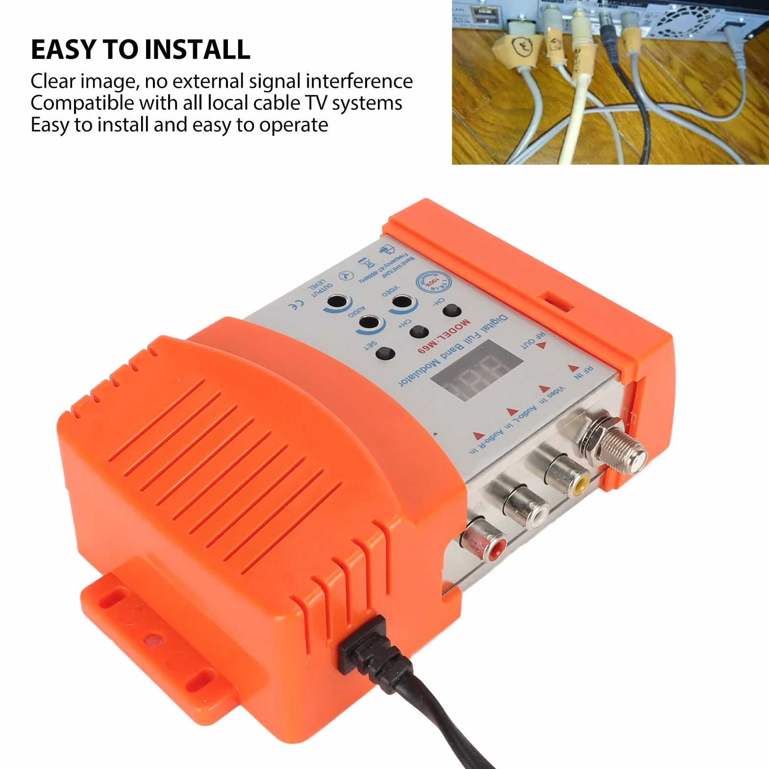 Digitaler HF-Modulator, M69CP Audio-Video-HDMI-AV-zu-HF-Konverter, Unterstützt PAL-NTSC-Format, VHF-UHF-TV-Link-Modulator für Set-Top-Boxen (EU-Stecker)