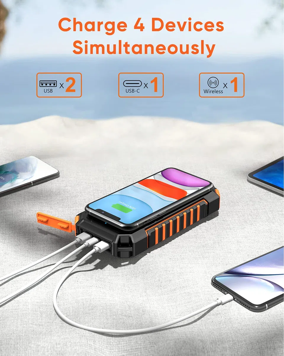 Hiluckey Wireless Solar Powerbank 20000mAh Wasserdichtes Solar Ladegerät USB C Externer Akku mit 4 Outputs , Power Bank für Smartphones, Tablets und mehr