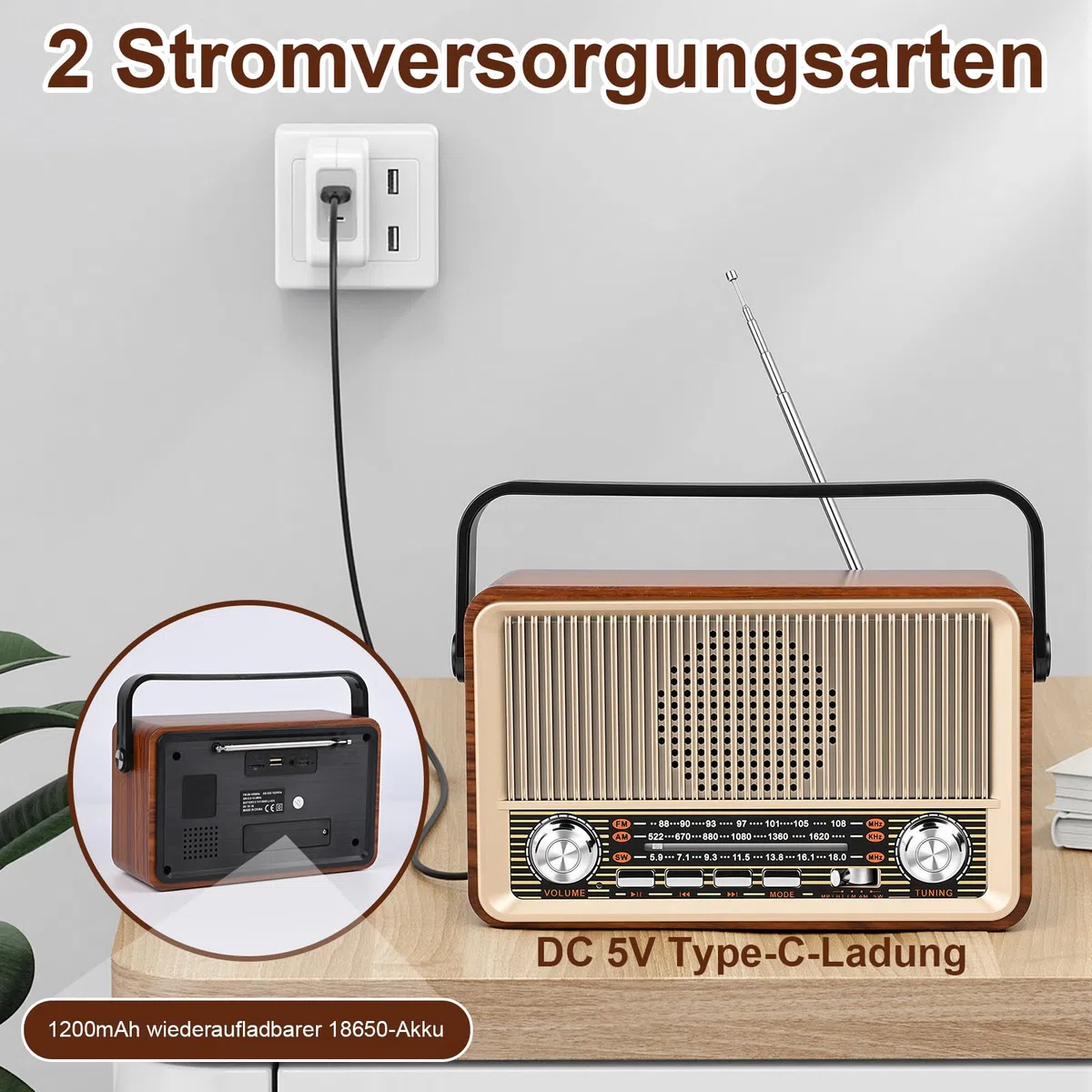 Retro Radio AM/FM/SW kofferradio mit 1200mAh Akku& Bluetooth 5.1,AUX/USB/TF Unterstützung - Für Küche, Büro Und Zuhause, Einfaches Radios für Senioren