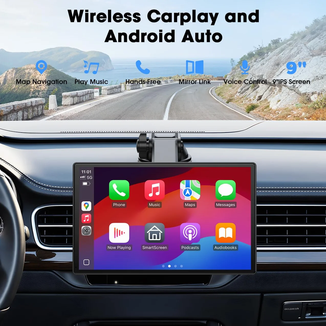 LAMTTO Wireless Carplay Display Für A-ppIe CarPlay und Android Auto 9 Zoll Touchscreen Display Bildschirm Tragbares Autoradios Car Play Display mit Navigation Bluetooth Mirror Link Siri &G00gle FM AUX