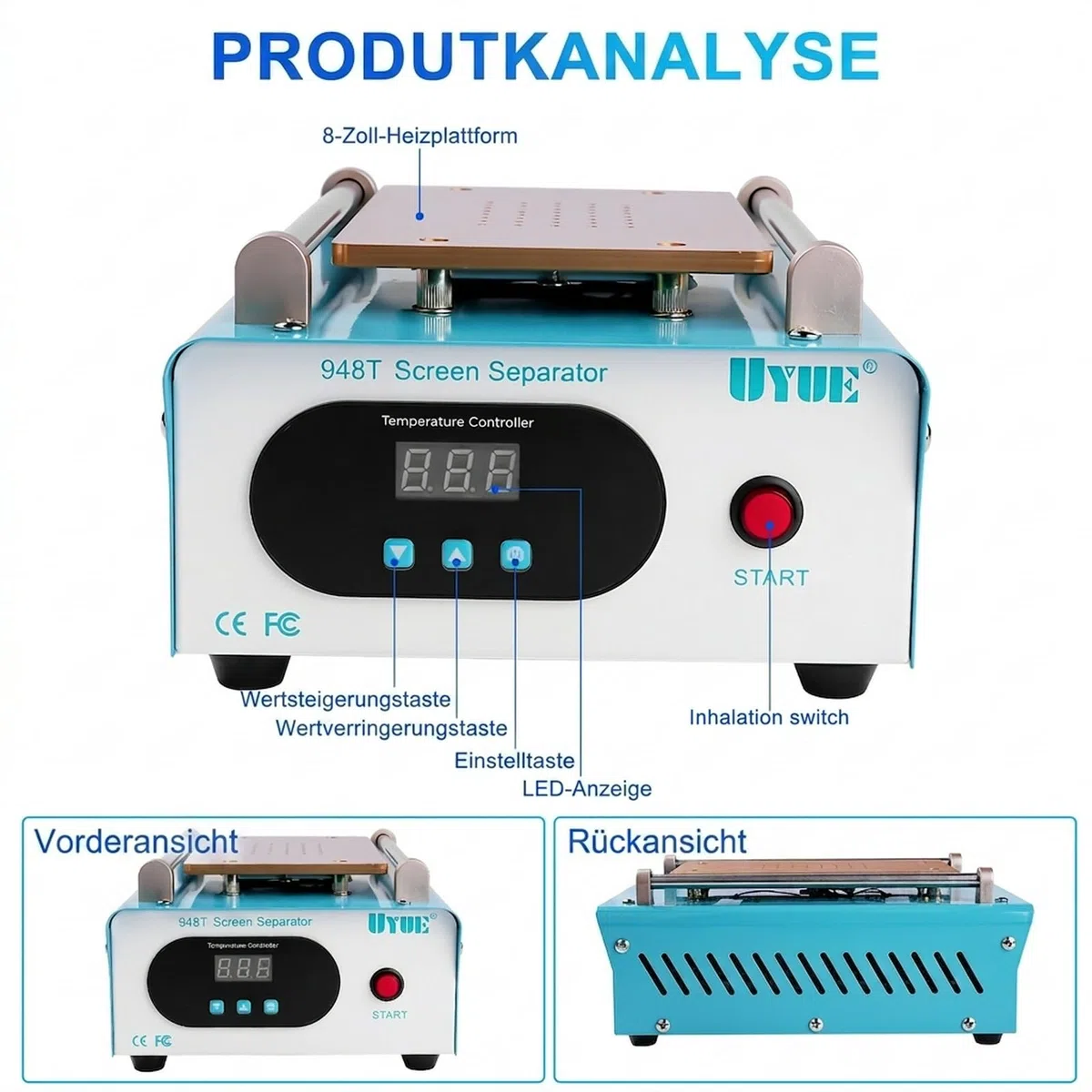 Handy Screen Separator Heizplatte Handy Reparatur LCD hot Screen Separator Handy heizplatte Screen bildschirmabscheider hot Screen Splitter mit 3 Silikonpads blau UYUE948T AC 220V.