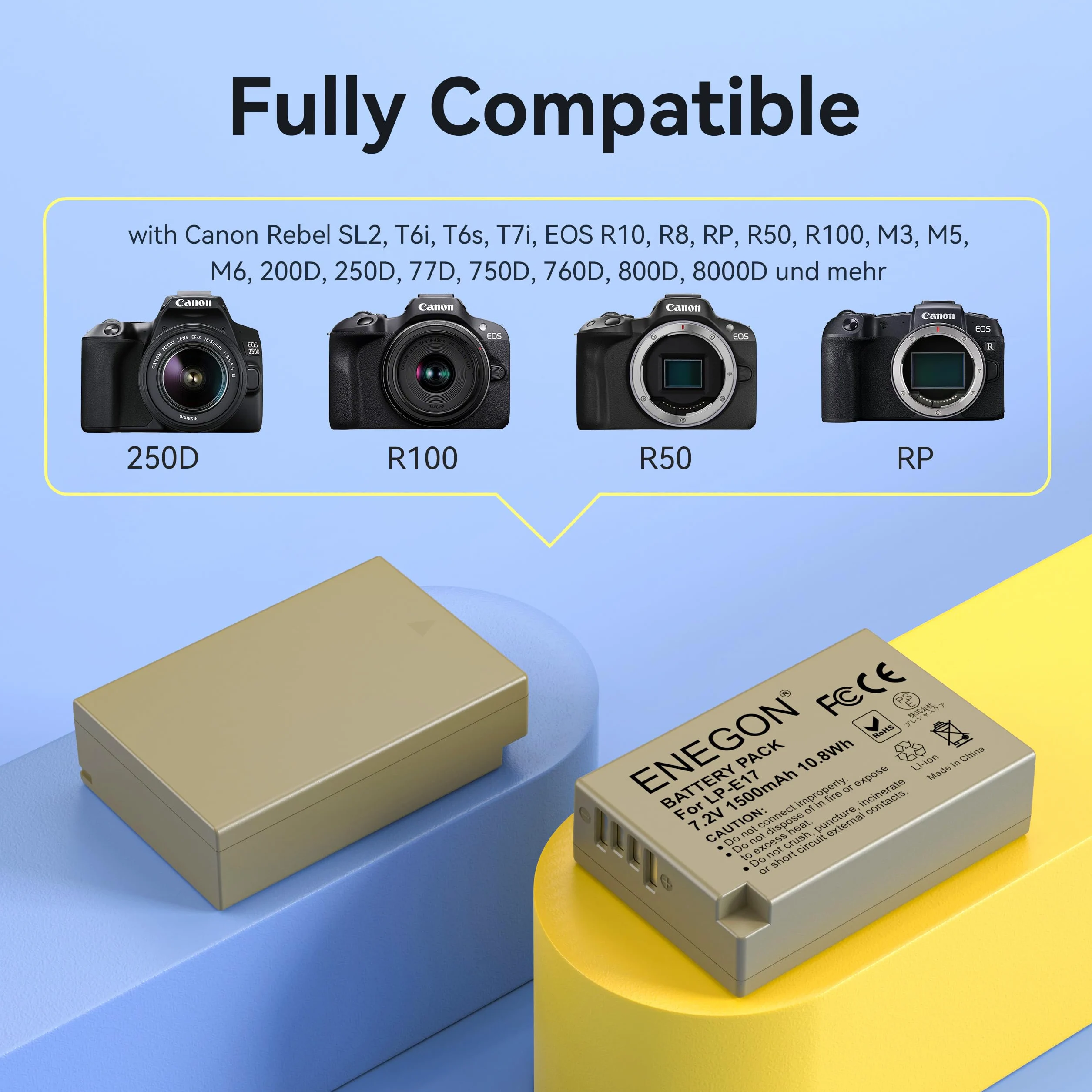 ENEGON LP-E17 20W Dual-Akku-Schnellladegerät-Set (2 x 1500 mAh) Kompatibel mit Canon EOS R10, R8, RP, R50, R100, M3, M5, M6, 200D, 250D, 77D, 750D, 760D, 800D, 8000D und mehr LCD-Display