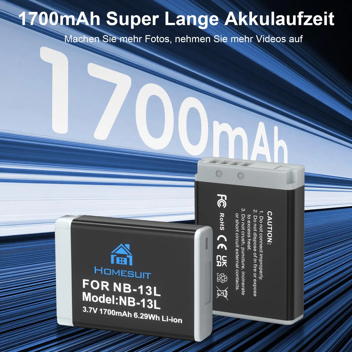 Homesuit NB-13L Akku 1700mAh & Dual Ladegerät für Canon PowerShot G5X, G5X Mark II, G7X, G7X Mark II, G7 X Mark III, SX720 HS, SX730 HS, SX740 HS, SX620 HS, G1X Mark III, G9X, G9X Mark II (2er-Pack)