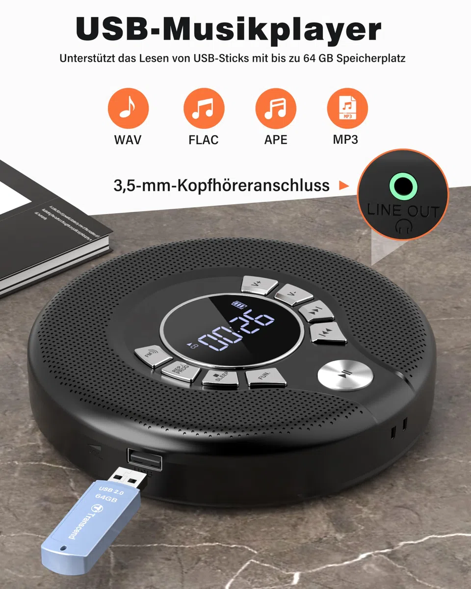 Greadio Bluetooth CD Player Tragbar mit Kopfhörer Discman CD-Player | Anti-Skip/Stoßfest und 2000mAh Wiederaufladbarer, Kompatibler FM-Sender, USB, AUX-Ausgang, HiFi-Doppellautsprecher für Auto